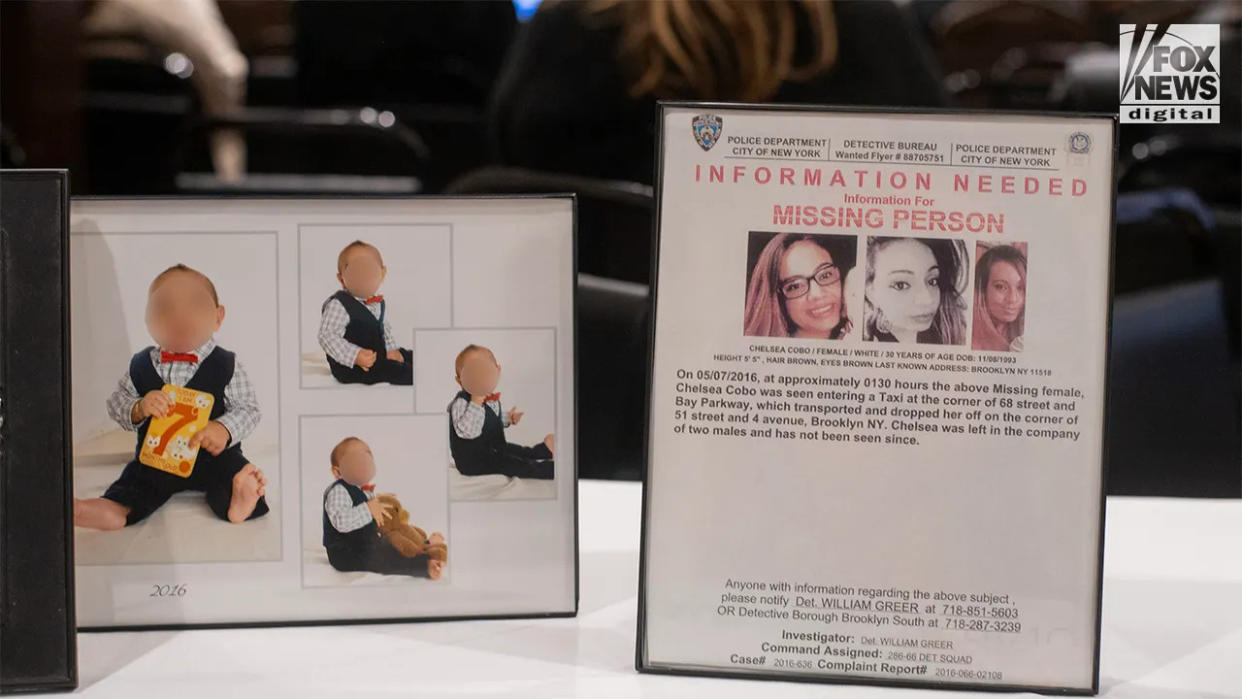Chelsea Cobo is pictured with her son next to her missing person flyer at the Hamptons Whodunnit Conference in Southampton