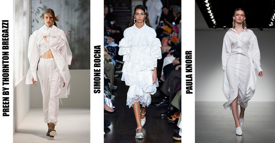 <p>Von Kopf bis Fuß in Weiß! So präsentierten sich die Models von Preen, Simone Rocha oder Paula Knorr. Ein Trend, der bereits in diesem Sommer aufkam. (Bild: Screenshot/Yahoo Style UK) </p>