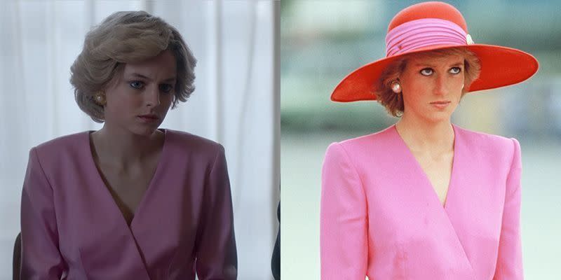 <p>Although Princess Diana's bubblegum pink suit is only visible from the waist up on the show, it's quite similar to the Catherine Walker outfit the Princess worn in Kuwait in 1989. Right down to the oversized pearl earrings.</p>