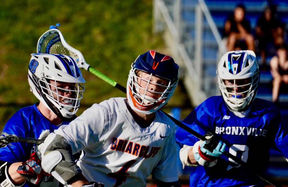 Briarcliff attackman Jack Ricciardi received extra attention from the Bronxville defense, but finished with two goals and four assists on May 9, 2022.