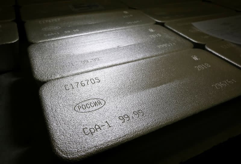 FILE PHOTO: Ingots of 99.99 percent pure silver are seen at the Krastsvetmet non-ferrous metals plant in the Siberian city of Krasnoyarsk