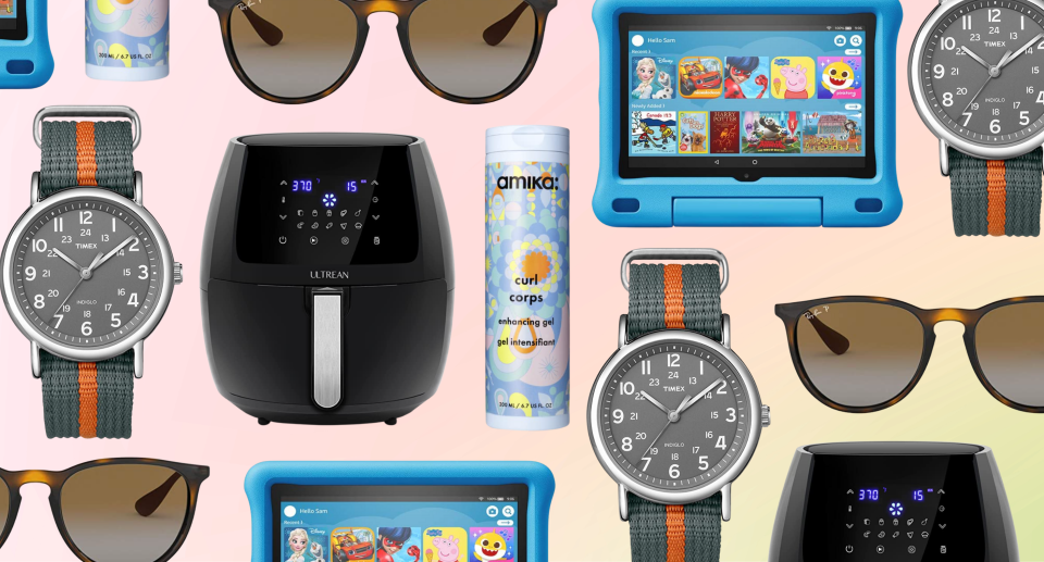 amazon, timex watch, black air fryer, ray ban sunglasses, kids blue tablet, amika curl corps hair gel