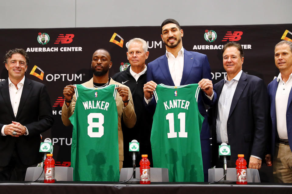 BOSTON, MASSACHUSETTS - JULY 17: Kemba Walker and Enes Kanter are introduced as members of the Boston Celtics by Celtics President of Basketball Operations Danny Ainge during a press conference at the Auerbach Center at New Balance World Headquarters on July 17, 2019 in Boston, Massachusetts. (Photo by Tim Bradbury/Getty Images)