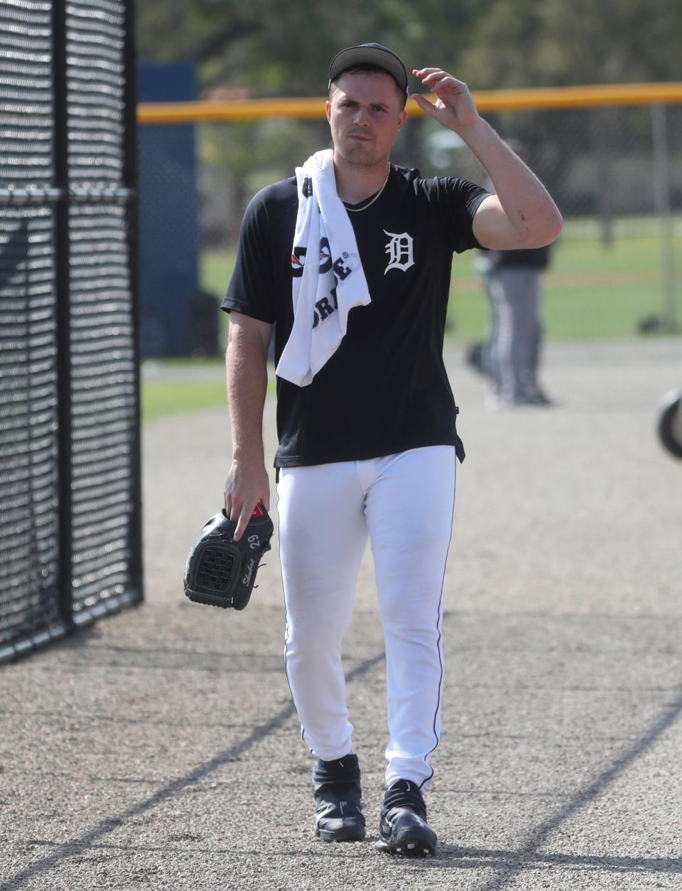 Detroit Tigers pitcher Tarik Skubal walks to the fields  during spring training at TigerTown in Lakeland, Fla., on Thursday, Feb. 23, 2023.