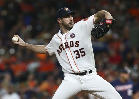 Sep 4, 2018; Houston, TX, USA; Houston Astros starting pitcher Justin Verlander (35) delivers a pitch during the fifth inning against the Minnesota Twins at Minute Maid Park. Mandatory Credit: Troy Taormina-USA TODAY Sports