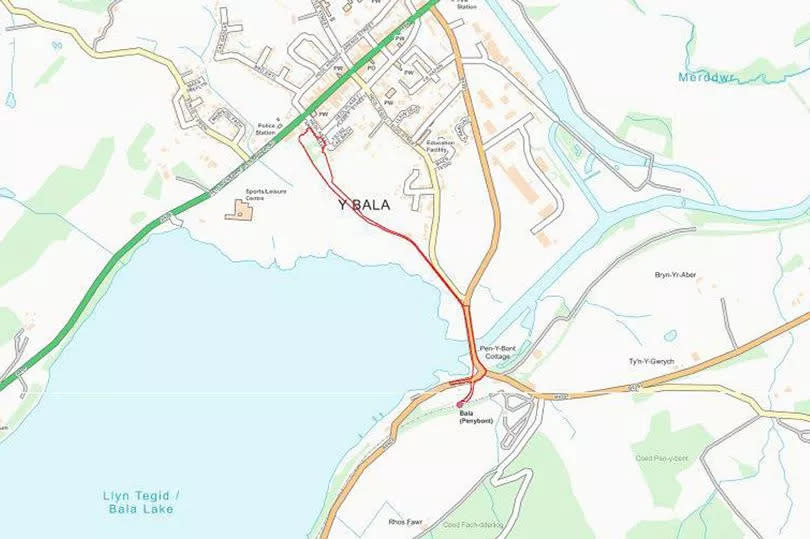 Route of the proposed  1.2km extension from Penybont station into Bala