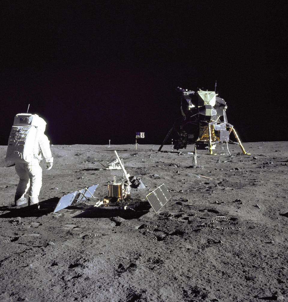 On July 20, 1969, America's Apollo 11 landed on the moon, making history as the first humans set foot on another world. Lunar Module pilot Buzz Aldrin was photographed during the Apollo 11 extravehicular activity on the moon by mission commander Neil Armstrong. Aldrin had just deployed the Early Apollo Scientific Experiments Package. In the foreground is the Passive Seismic Experiment Package; beyond it is the Laser Ranging Retro-Reflector (LR-3); in the far right background is the Lunar Module "Eagle." (Photo: NASA)  