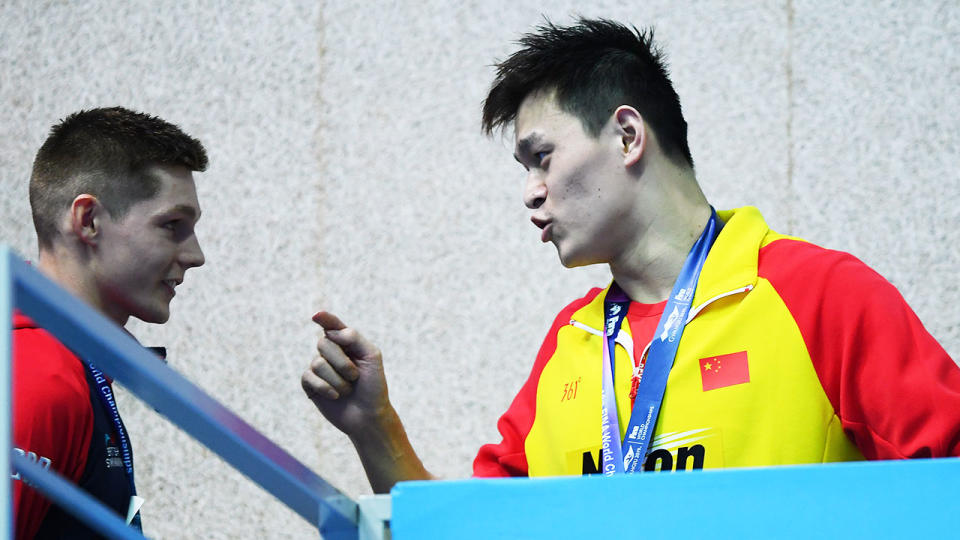 Sun Yang seen here in a fiery exchange with British swimmer Duncan Scott.