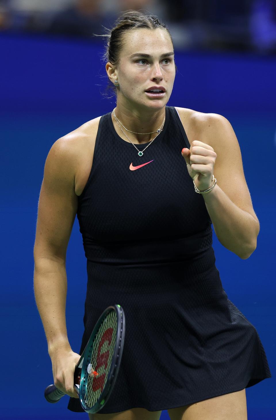 NEW YORK, NEW YORK - SEPTEMBER 03: Aryna Sabalenka of Belarus celebrates a point against Zheng Qinwen of China during their Women’s Singles Quarterfinal match on Day Nine of the 2024 US Open at USTA Billie Jean King National Tennis Center on September 03, 2024 in the Flushing neighborhood of the Queens borough of New York City. (Photo by Jamie Squire/Getty Images) (Getty Images)