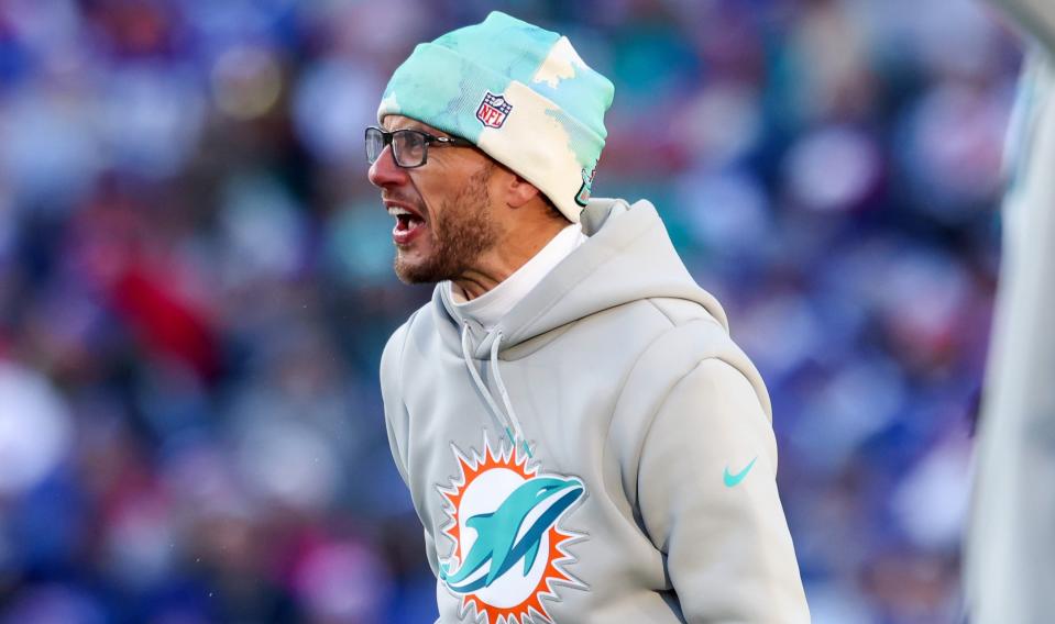 ORCHARD PARK, NEW YORK - JANUARY 15: Head coach Mike McDaniel of the Miami Dolphins reacts during the second half of the game against the Buffalo Bills in the AFC Wild Card playoff game at Highmark Stadium on January 15, 2023 in Orchard Park, New York. (Photo by Bryan M. Bennett/Getty Images)