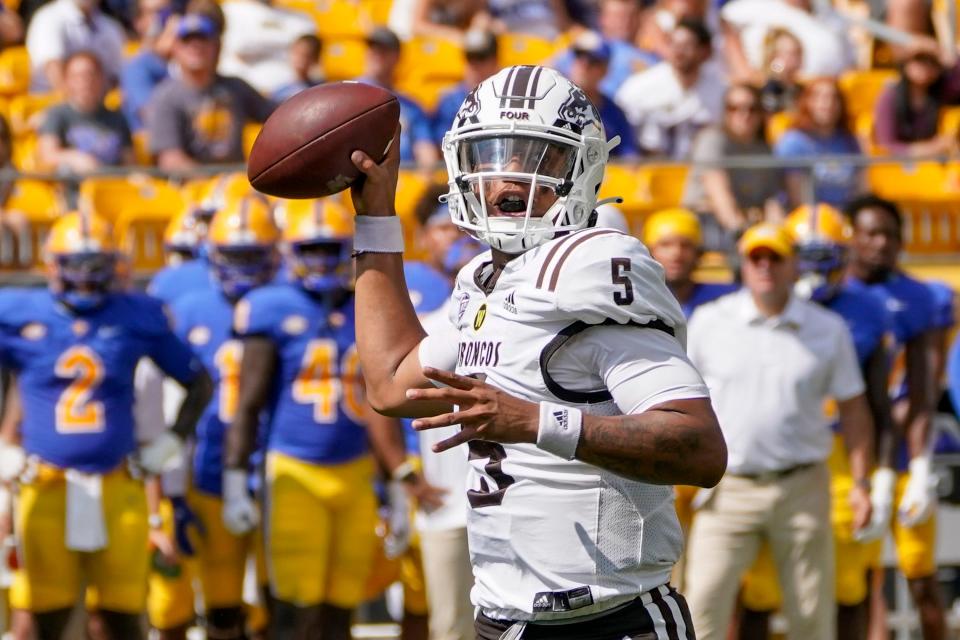 Western Michigan quarterback Kaleb Eleby (5) throws a pass during the first half of an NCAA college football game against the Pittsburgh, Saturday, Sept. 18, 2021, in Pittsburgh.