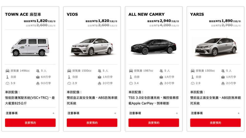 全新CAMRY 短租一日的優惠價格為2,490元。（圖／截自和運租車官網）