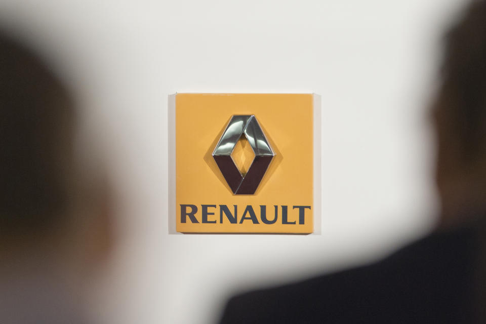 FILE - This photo shows the logo of French car maker Renault at a press conference held in Paris, France on Feb. 12, 2015. Nissan and Renault have changed their mutual cross-shareholdings to the same 15%, ironing out a source of conflict in the Japan-French auto alliance. (AP Photo/Jacques Brinon, File)