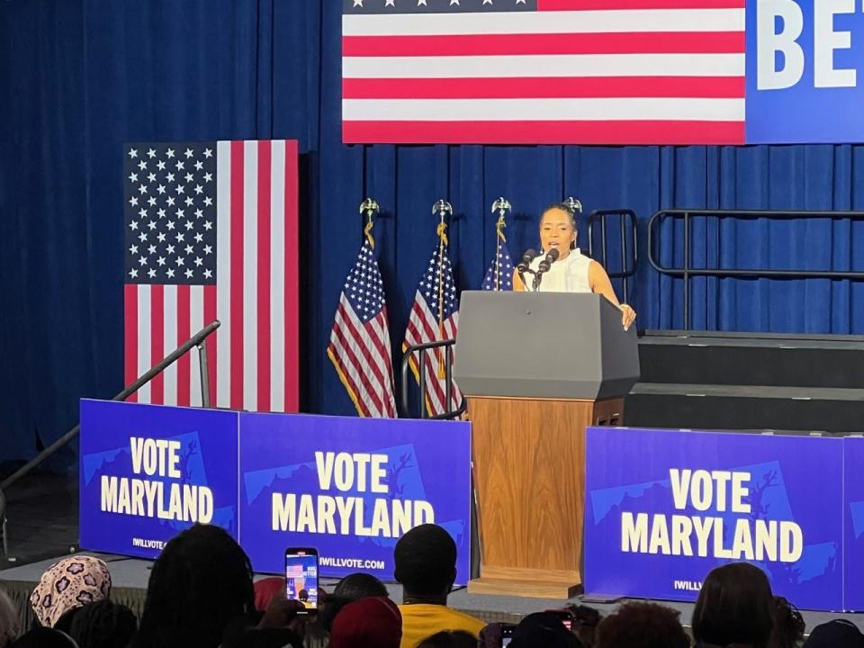 Prince George's County Executive Angela Alsobrooks speaks at a "get out the vote" rally at Bowie State University on Nov. 7, 2022 in Bowie, Md. Alsobrooks is running for U.S. Senate and has more individual donations than her top competition, U.S. Rep. David Trone.