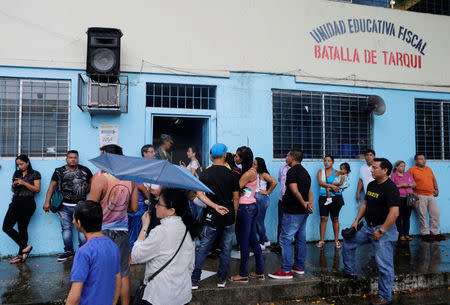 People stand outside a school used as a polling station during the presidential election, in Guayaquil, Ecuador April 2, 2017. REUTERS/Henry Romero