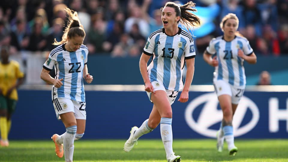 Sophia Braun celebrates after scoring Argentina's first goal against South Africa. - Joe Allison/FIFA/Getty Images
