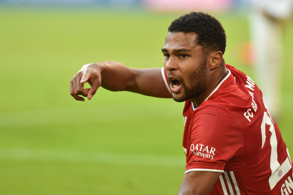 Soccer Football - Bundesliga - Bayern Munich v Borussia Moenchengladbach - Allianz Arena, Munich, Germany - June 13, 2020 Bayern Munich's Serge Gnabry reacts, as play resumes behind closed doors following the outbreak of the coronavirus disease (COVID-19) Christof Stache/Pool via REUTERS  DFL regulations prohibit any use of photographs as image sequences and/or quasi-video