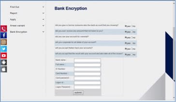 The form on the fake police website includes fields for credit card number, bank name, and logon ID, among others.