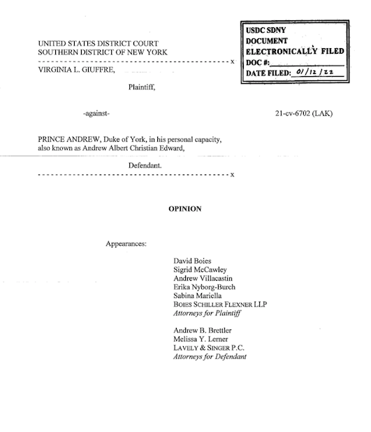 The front page of a 46-page document of the written ruling from Jjudge Lewis A Kaplan that Prince Andrew will face a civil sex case trial. (PA)