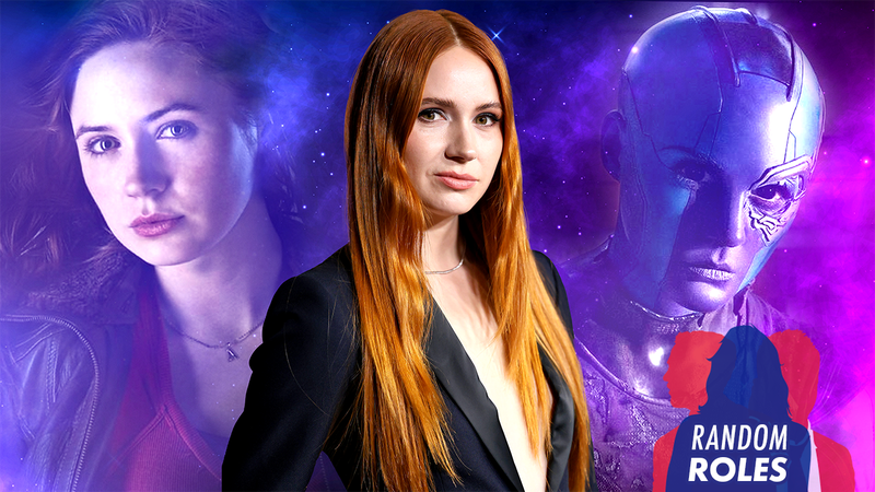 From left : Karen Gillan as Amy Pond in Doctor Who (BBC), at the Guardians Of The Galaxy Vol. 3 premiere, (Jesse Grant/Getty Images), as Nebula in Guardians Of The Galaxy Vol. 3 (Marvel Studios)