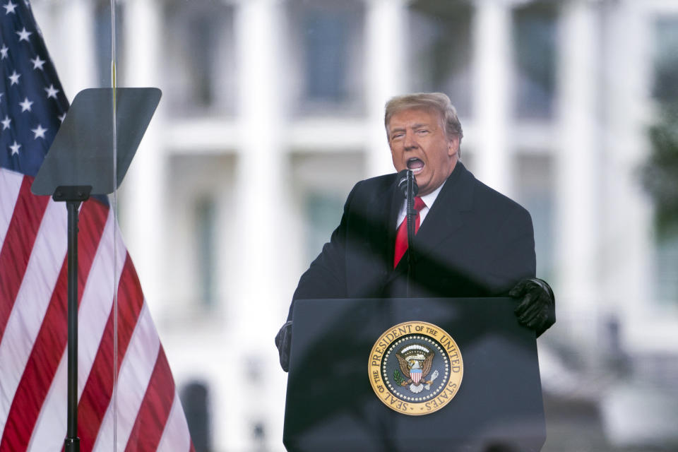 FILE - In this Jan. 6, 2021, file photo, President Donald Trump speaks during a rally protesting the electoral college certification of Joe Biden as President in Washington. Trump has filed a lawsuit to block the release of documents to the Jan. 6 select committee, challenging the decision of President Joe Biden to release them. Trump claims in the lawsuit that the request "is almost limitless in scope," and seeks records with no reasonable connection to that day. (AP Photo/Evan Vucci, File)