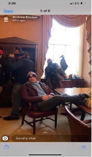 Trump supporter Andrew Craig Ericson is shown in this Shapchat photo with his feet on a table in House Speaker Nancy Pelosi's conference room during the U.S. Capitol riot Jan. 6, 2021.