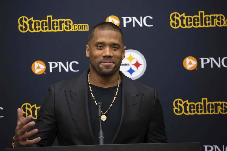 Pittsburgh Steelers newly signed quarterback Russell Wilson speaks with reporters during an NFL football press conference in Pittsburgh, Friday, March 15, 2024. Wilson signed a one-year deal with the Steelers on Friday after being cut by the Denver Broncos. (AP Photo/Rebecca Droke)