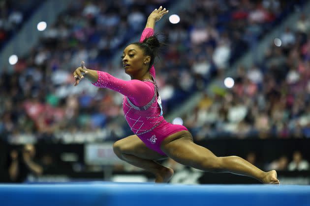 Simone Biles performs a floor routine during the 2024 Core Hydration Classic at XL Center on May 18 in Hartford, Connecticut.