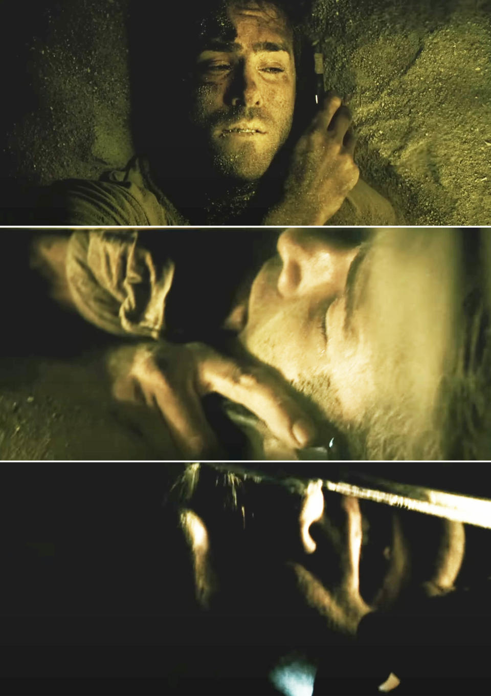 Three scenes from "Buried" with Ryan Reynolds showing his character trapped in a coffin