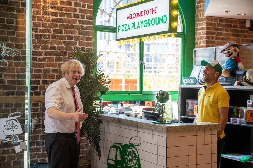 Britain's prime minister Boris Johnson visits Pizza Pilgrims in West India Quay, London Docklands. Photo: Heathcliff O'Malley/AFP via Getty