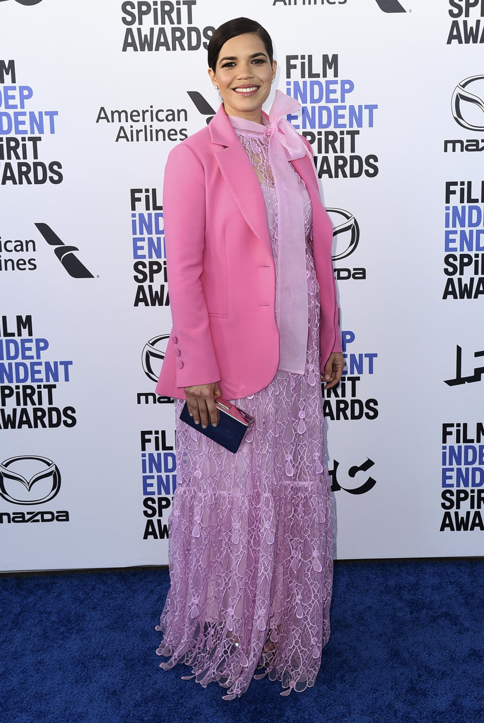 FILE - America Ferrera arrives at the 35th Film Independent Spirit Awards on Feb. 8, 2020, in Santa Monica, Calif. Ferrera turns 37 on April 18. (Photo by Jordan Strauss/Invision/AP, File)