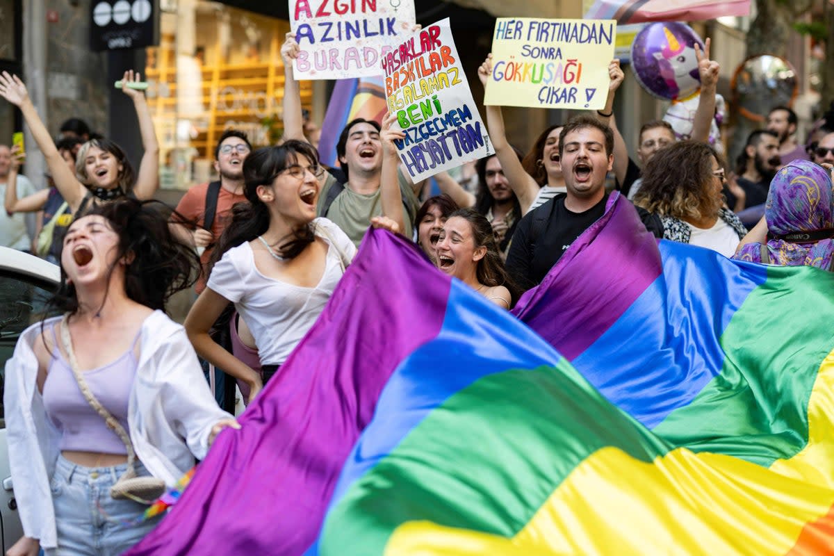 The unauthorised Pride march in Istanbul on Sunday before police swooped in to make arrests (AFP via Getty Images)