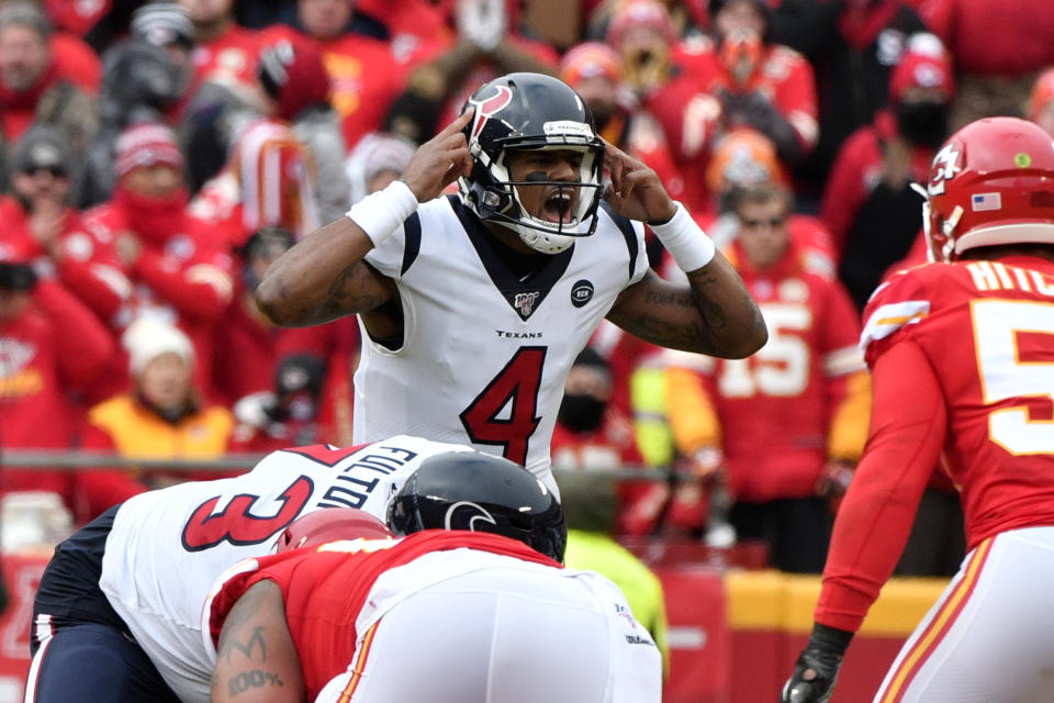 Houston Texans quarterback Deshaun Watson (4) calls a play during the first half of an NFL divisional playoff football game against the Kansas City Chiefs, in Kansas City, Mo., Sunday, Jan. 12, 2020. (AP Photo/Ed Zurga)