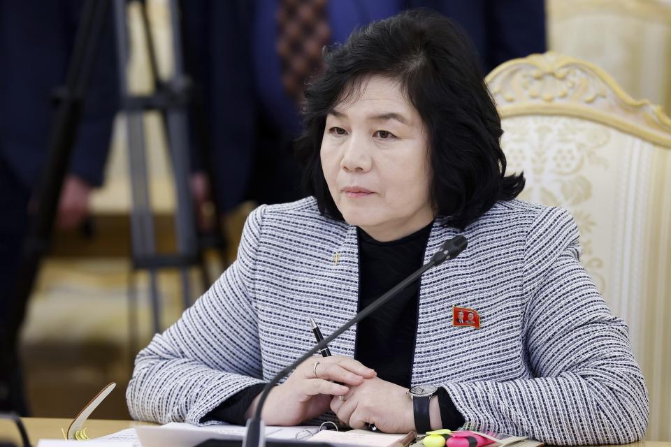 North Korean Foreign Minister Choe Son Hui listens to Russian Foreign Minister Sergey Lavrov during their talks in Moscow, Russia, Tuesday, Jan. 16, 2024. (Maxim Shemetov/Pool Photo via AP)