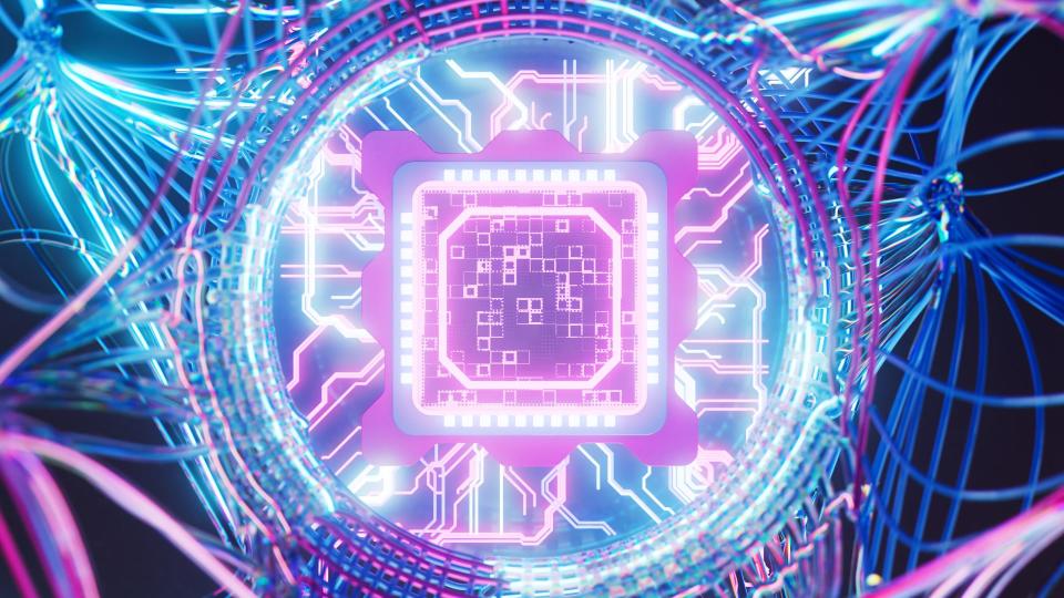 Digitally generated image of purple glowing futuristic semiconductor, circuit board and fast flowing bits and data transfer