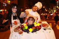 <p>People look prepared for an grisly dinner at the 44th annual Village Halloween Parade in New York City on Oct. 31, 2017. (Photo: Gordon Donovan/Yahoo News) </p>