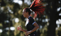 Soccer player Mara Gomez trains with her first division women's soccer team, Villa San Carlos, in La Plata, Argentina, Wednesday, Feb. 12, 2020. Gomez is a transgender woman who is limited to only training with her team while she waits for permission to start playing from the Argentina Football Association (AFA). If approved, she would become the first trans woman to compete in a first division, professional Argentine AFA tournament. (AP Photo/Natacha Pisarenko)