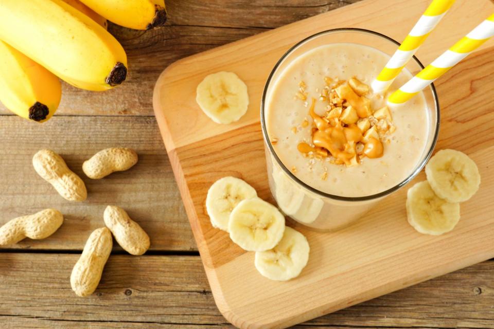 <p>For a thicker, colder smoothie, cut peeled banana into chunks and freeze for up to a week in a self-sealing plastic bag.</p><p>Get the<strong> <a href="https://www.goodhousekeeping.com/food-recipes/a9247/banana-peanut-butter-smoothie-recipe/" rel="nofollow noopener" target="_blank" data-ylk="slk:Banana-Peanut Butter Smoothie recipe;elm:context_link;itc:0;sec:content-canvas" class="link ">Banana-Peanut Butter Smoothie recipe</a></strong><strong>.</strong> </p>