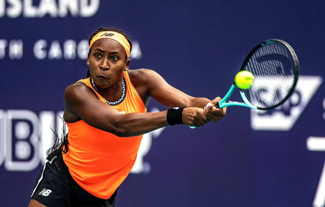 Coco Gauff, of USA returns a shot to Rebecca Marino of Canada during their match at the Miami Open tennis tournament on Thursday, March 23, 2023, in Miami Gardens, Fla.