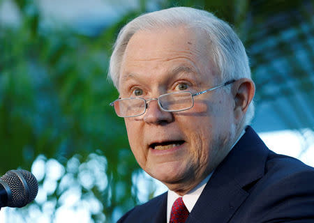 U.S. Attorney General Jeff Sessions speaks on the growing trend of violent crime in sanctuary cities during an event on the Port of Miami in Miami, Florida, U.S., August 16, 2017. REUTERS/Joe Skipper