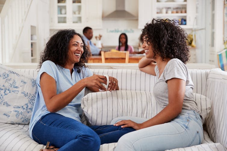 <span class="caption">Parental communication has been linked to positive body image.</span> <span class="attribution"><a class="link " href="https://www.shutterstock.com/image-photo/mother-talking-teenage-daughter-on-sofa-715726846" rel="nofollow noopener" target="_blank" data-ylk="slk:Shutterstock/Monkey Business Images;elm:context_link;itc:0;sec:content-canvas">Shutterstock/Monkey Business Images</a></span>