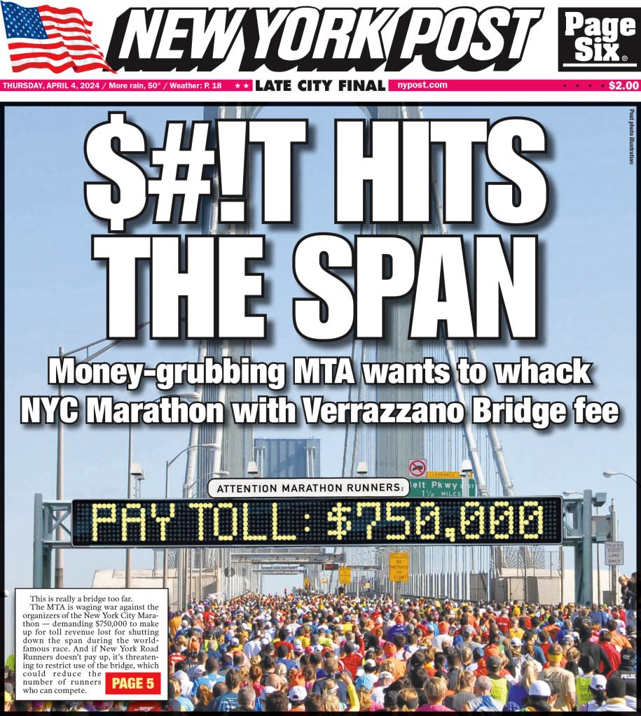 During hardball negotiations, as reported on by The Post, MTA officials had demanded the New York Road Runners fork over $750,000 to cover the cost of lost toll revenue. rfaraino