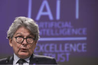 European Commissioner in charge of internal market Thierry Breton speaks during a media conference on an EU approach to artificial intelligence, following a weekly meeting of EU Commissioners, at EU headquarters in Brussels, Wednesday, April 21, 2021. (Olivier Hoslet, Pool via AP)