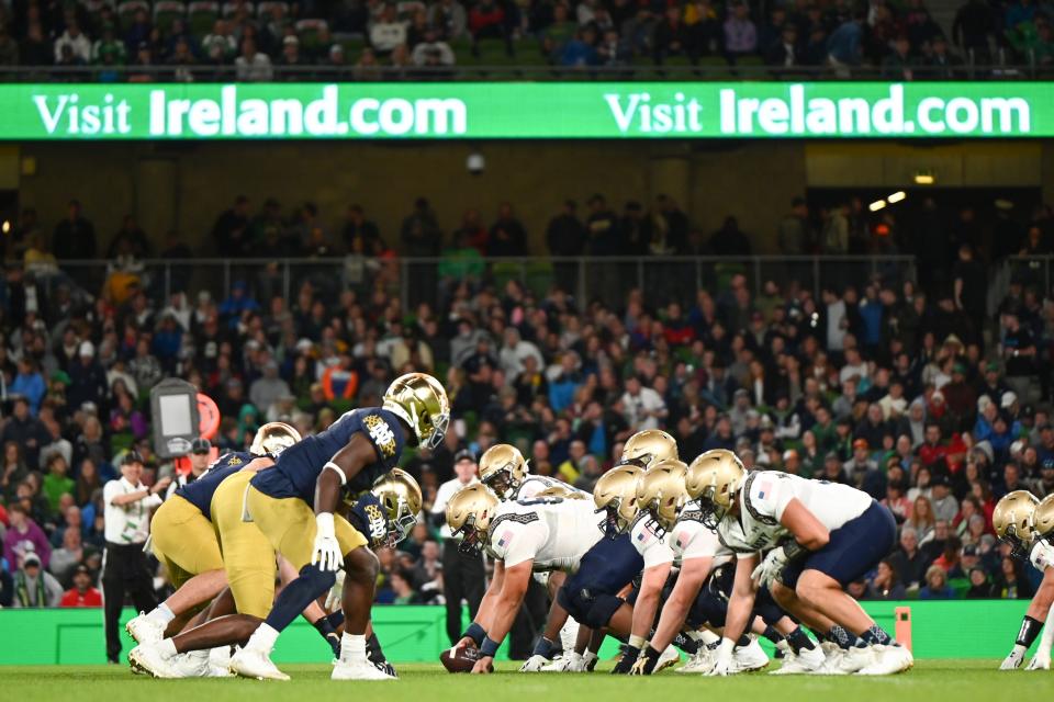 Aug 26, 2023; Dublin, IRL; The Notre Dame Fighting Irish and the Navy Midshipmen prepare for the snap in the second half at Aviva Stadium. Mandatory Credit: Matt Cashore-USA TODAY Sports