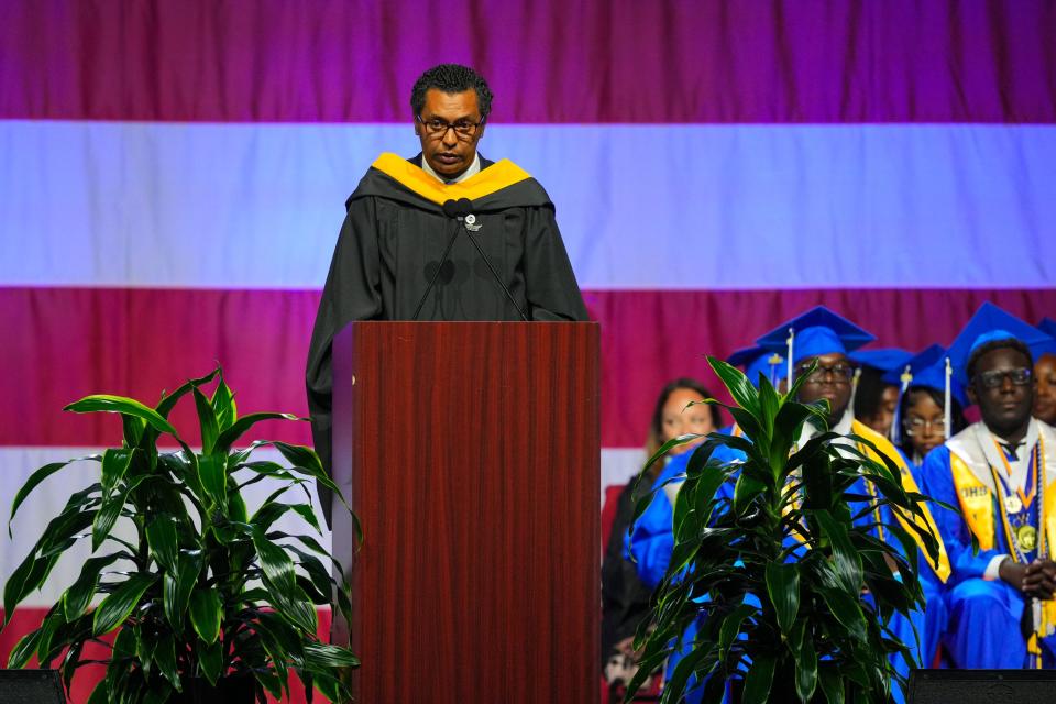 Inlet Grove High School's Principal Francisco Lopez offers a touching speech during the commencement ceremony at the South Florida Fairgrounds on Tuesday May 14, 2024 in West Palm Beach.
