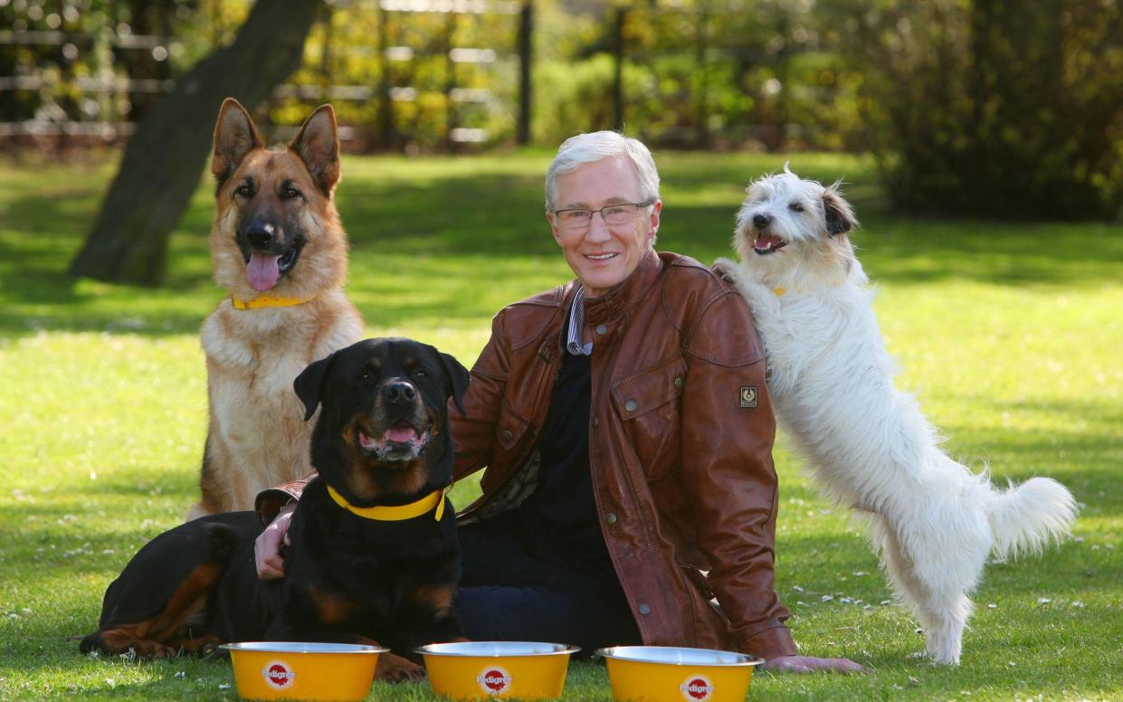 Paul O'Grady with rescue dogs Razor a German Shepherd, Moose a Rottweiler and Dodger a Terrier at London's Battersea Park. - Geoff Caddick/PA