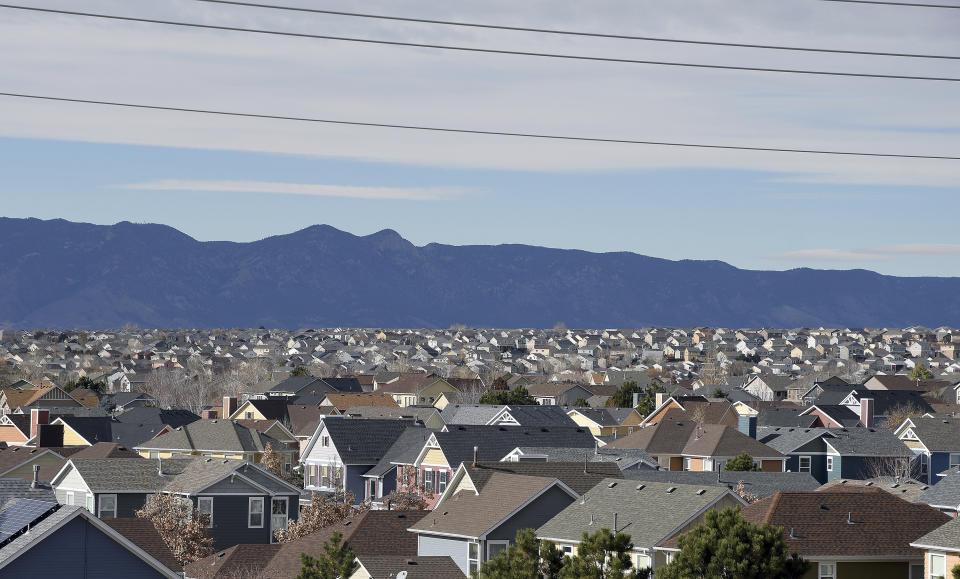 A sprawling neighborhood in Colorado Springs, Colo., on Wednesday, Nov. 23, 2022. The city is a place full of art shops and breweries; megachurches and military bases; a liberal arts college and the Air Force Academy. For years it's marketed itself as an outdoorsy boomtown with a population set to top Denver's by 2050. (AP Photo/Thomas Peipert)