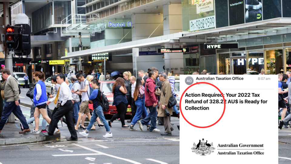 Image of people walking and ATO email tax scam.