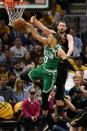 May 19, 2018; Cleveland, OH, USA; Cleveland Cavaliers center Kevin Love (0) blocks a layup attempt by Boston Celtics forward Jayson Tatum (0) in the first half of game three of the Eastern conference finals of the 2018 NBA Playoffs at Quicken Loans Arena. Mandatory Credit: Aaron Doster-USA TODAY Sports