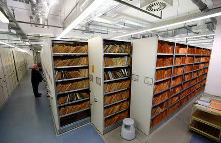 Shelfs containing documents of the former East German Ministry for State Security (MfS), known as the Stasi, are pictured at the central archives office in Berlin, Germany, March 12, 2019. Picture taken March 12, 2019. REUTERS/Fabrizio Bensch
